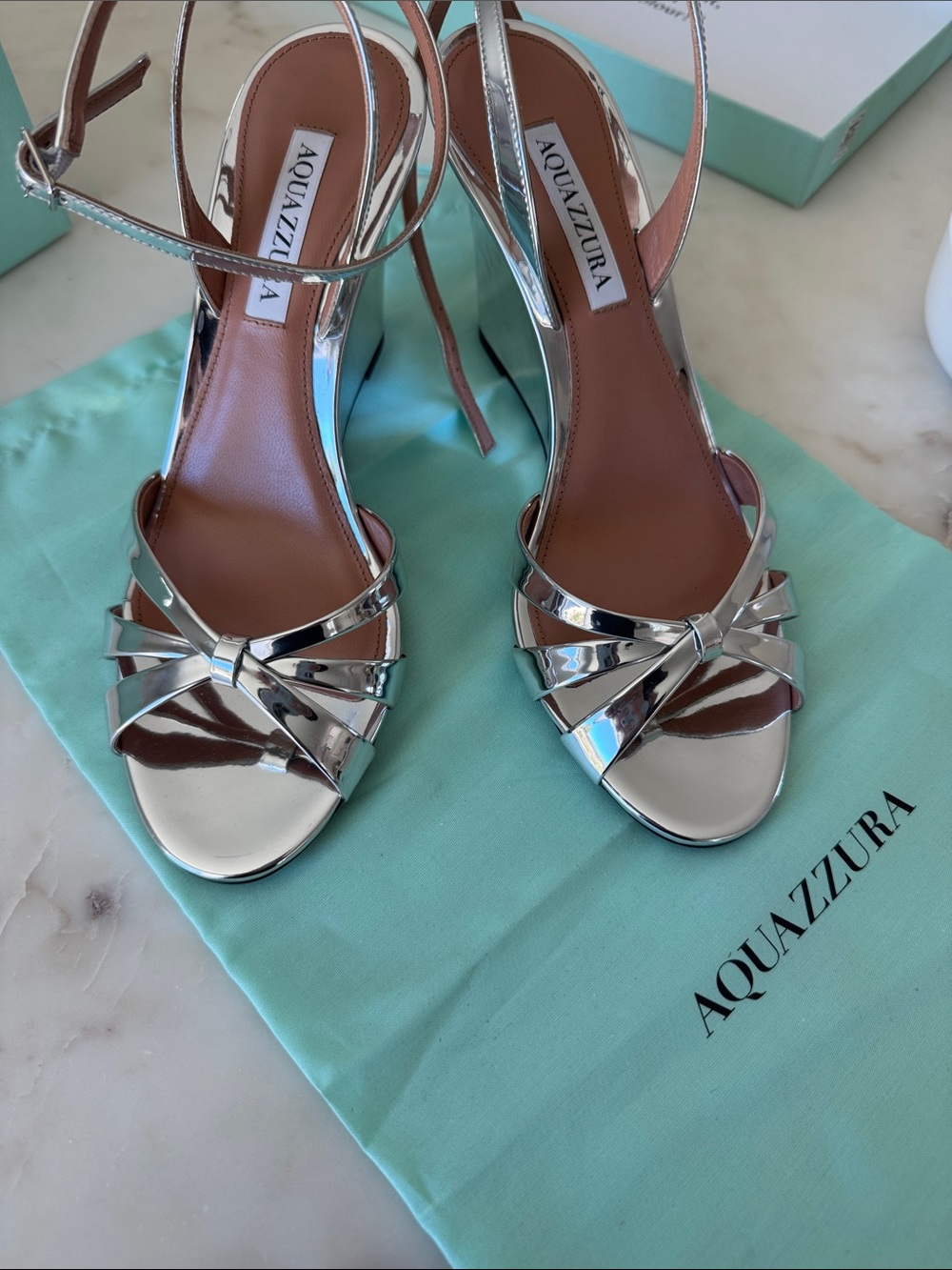 Aquazzura Tati Wedge 🆕 Silver Metallic Knot-Strappy High Heels